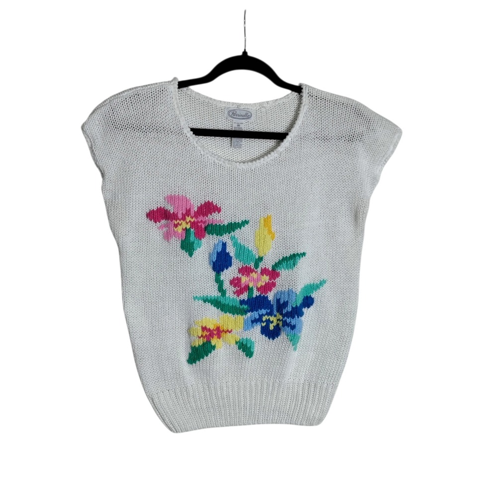 Vintage Parrinello White Floral Knit Sweater Vest Ramie Cotton Sleeveless Medium